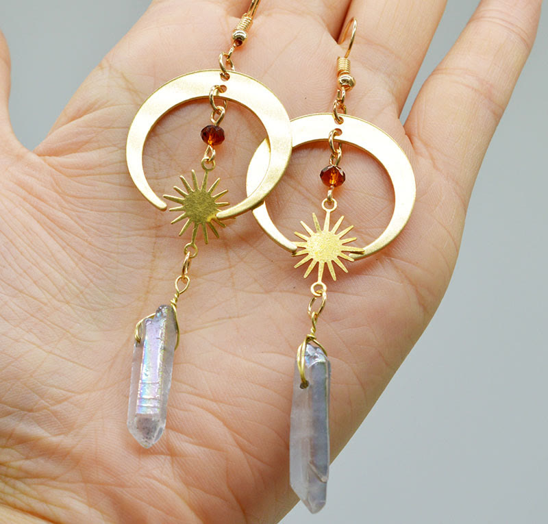 Captivating Natural Crystal Earrings with Moon and Stars - Elara