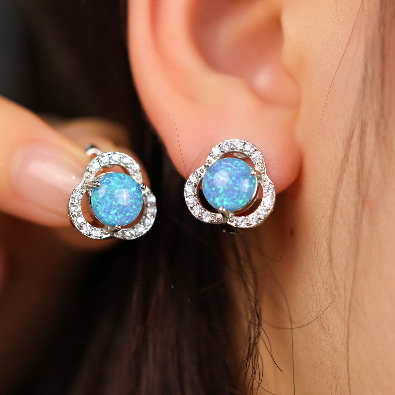 Elegant White Opal & Zirconia Cloverleaf Earrings - Elara Collection