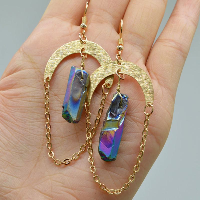Captivating Natural Crystal Earrings with Moon and Stars - Elara