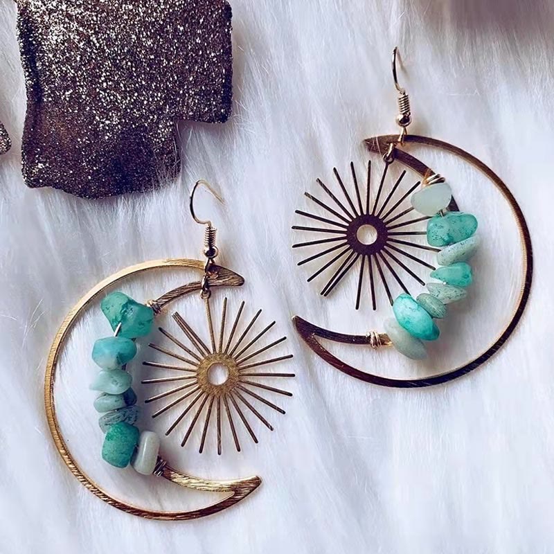 Captivating Natural Crystal Earrings with Moon and Stars - Elara