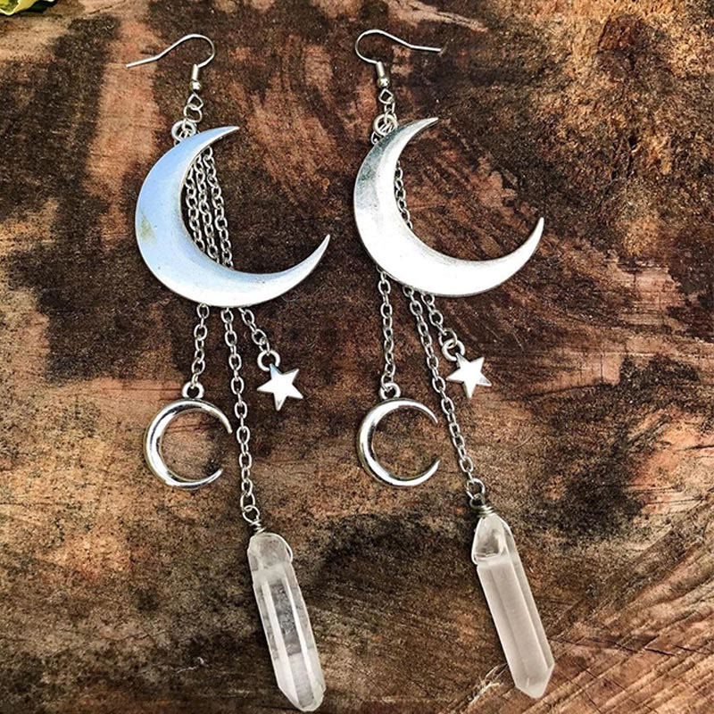 Captivating Natural Crystal Earrings with Moon and Stars - Elara