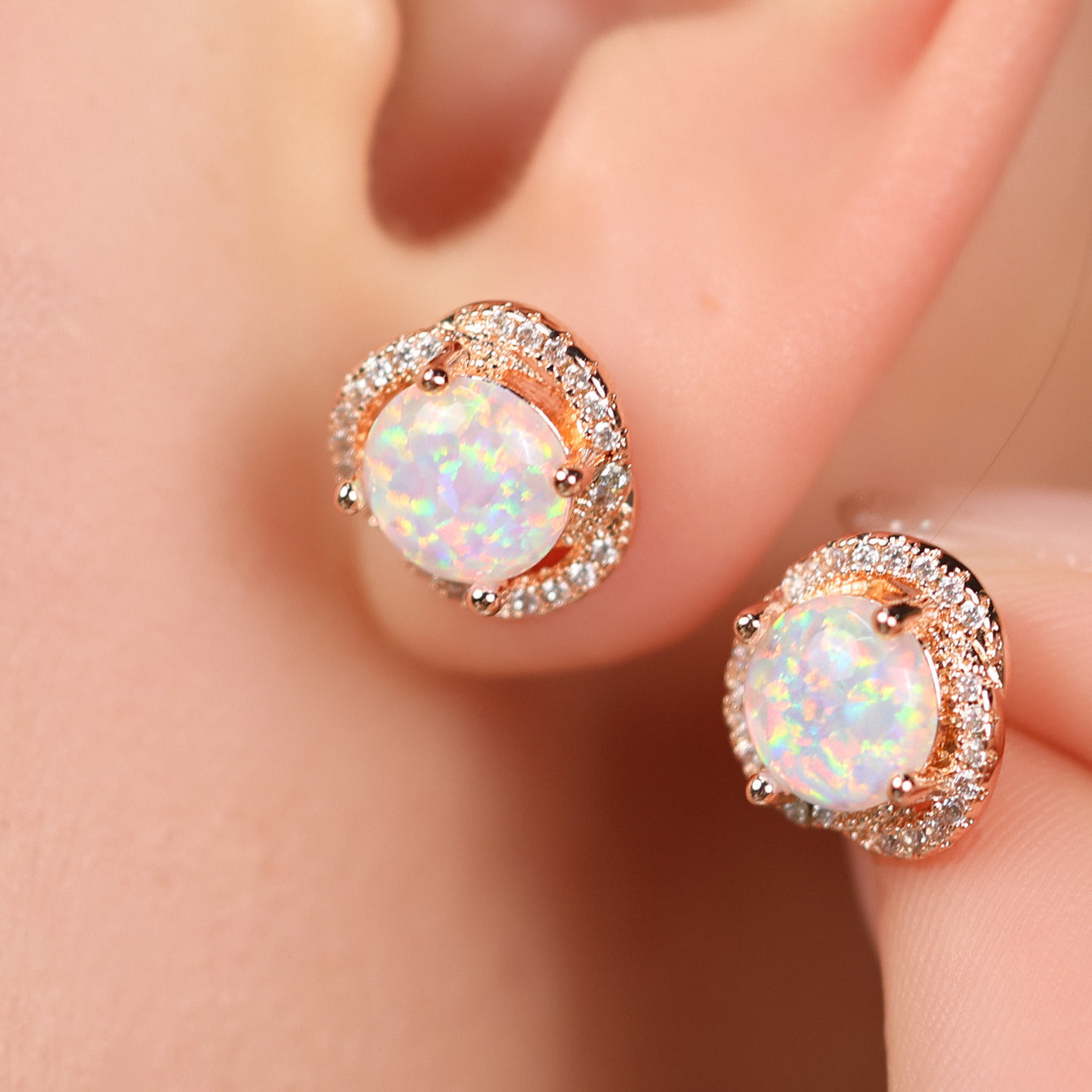 Elegant White Opal & Zirconia Cloverleaf Earrings - Elara Collection