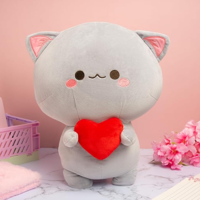 Soft Gray Cat with Heart - Perfect Cuddly Toy for Everyone