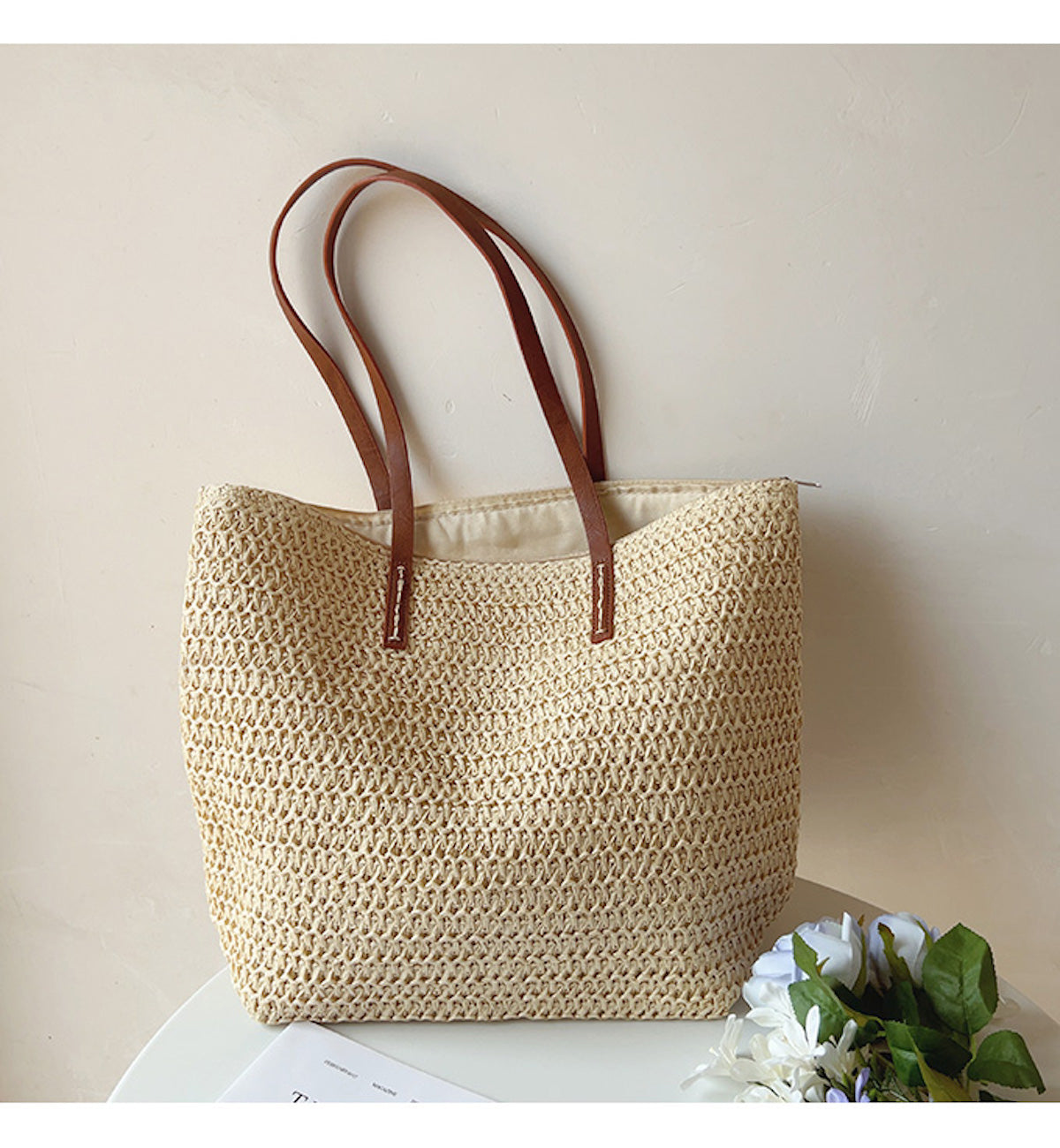 SummerBreeze Tote - Stylish basket bag with leather handle