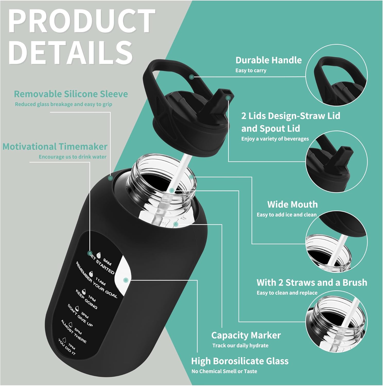 HydroGlow - Motivational Glass Water Bottle 900ml with Straw