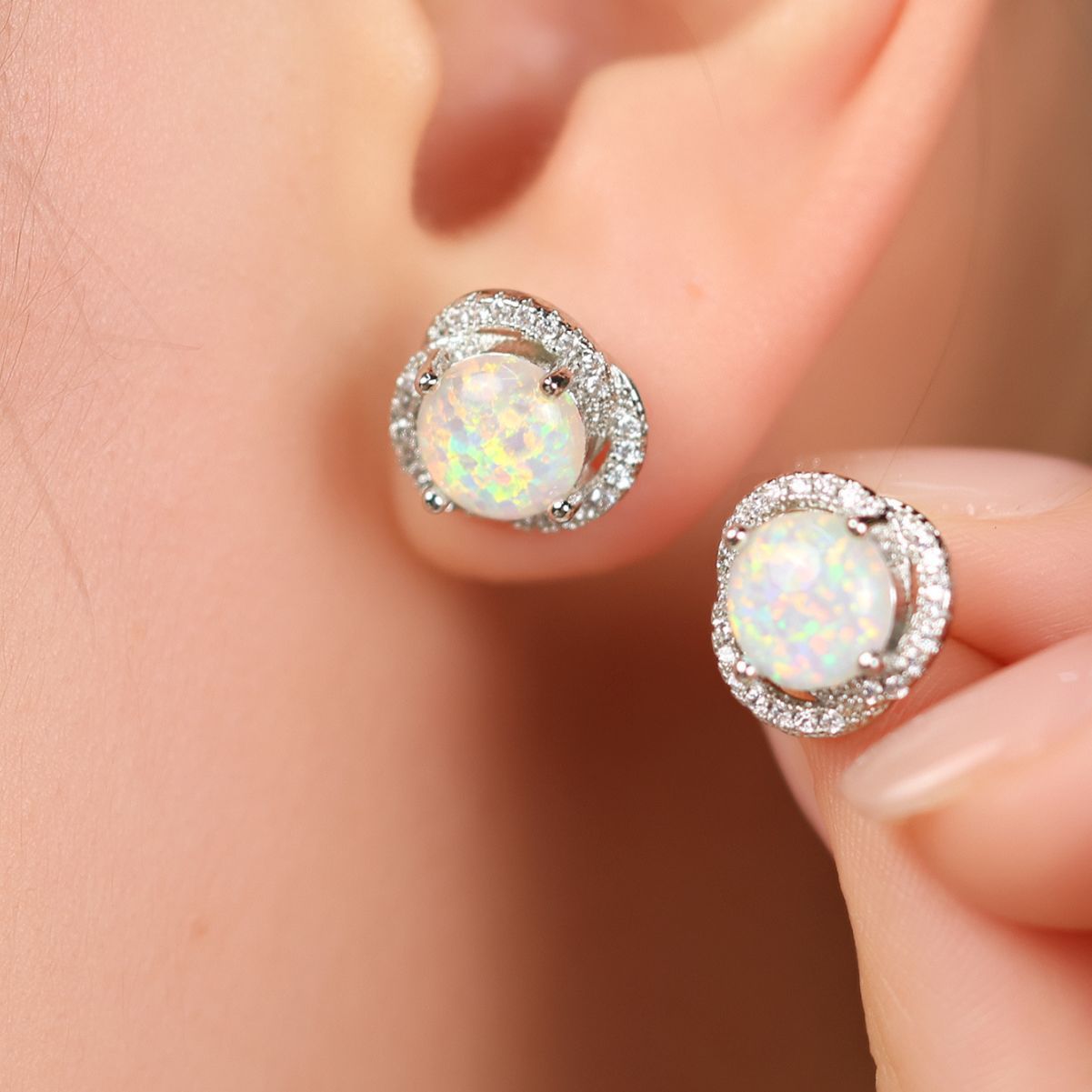 Elegant White Opal & Zirconia Cloverleaf Earrings - Elara Collection