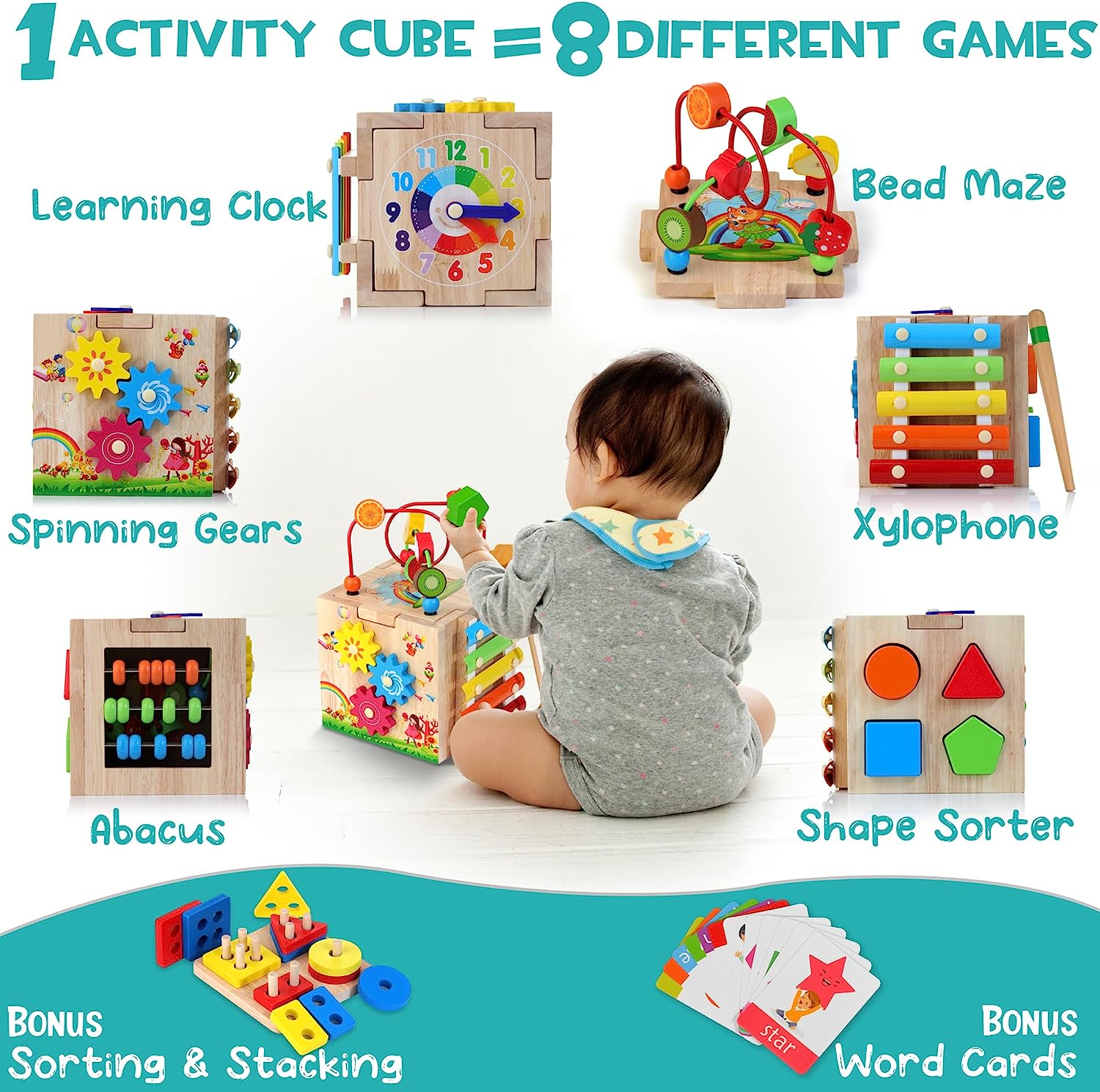 Stylish 8-in-1 Montessori Activity Cube - Educational Play Fun for Babies