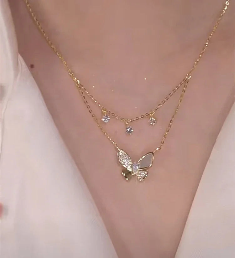 Very Elegant Double Gold Butterfly Necklace with Zirconia and Mother of Pearl - Elayna