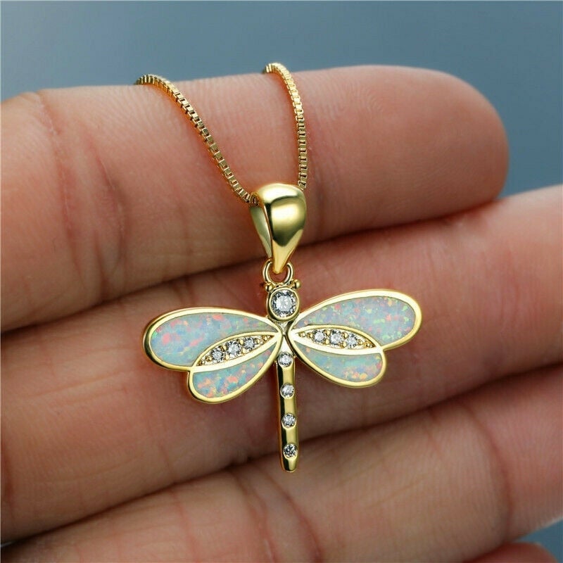 Captivating Gold Dragonfly Necklace with Radiant Opal - Isolde Series
