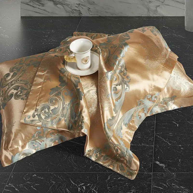 Luxurious Satin Rayon Jacquard Duvet Cover in Gold & Blue