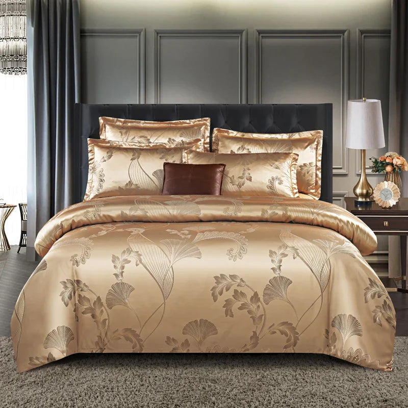 Luxurious Satin Rayon Jacquard Duvet Cover in Gold & Blue
