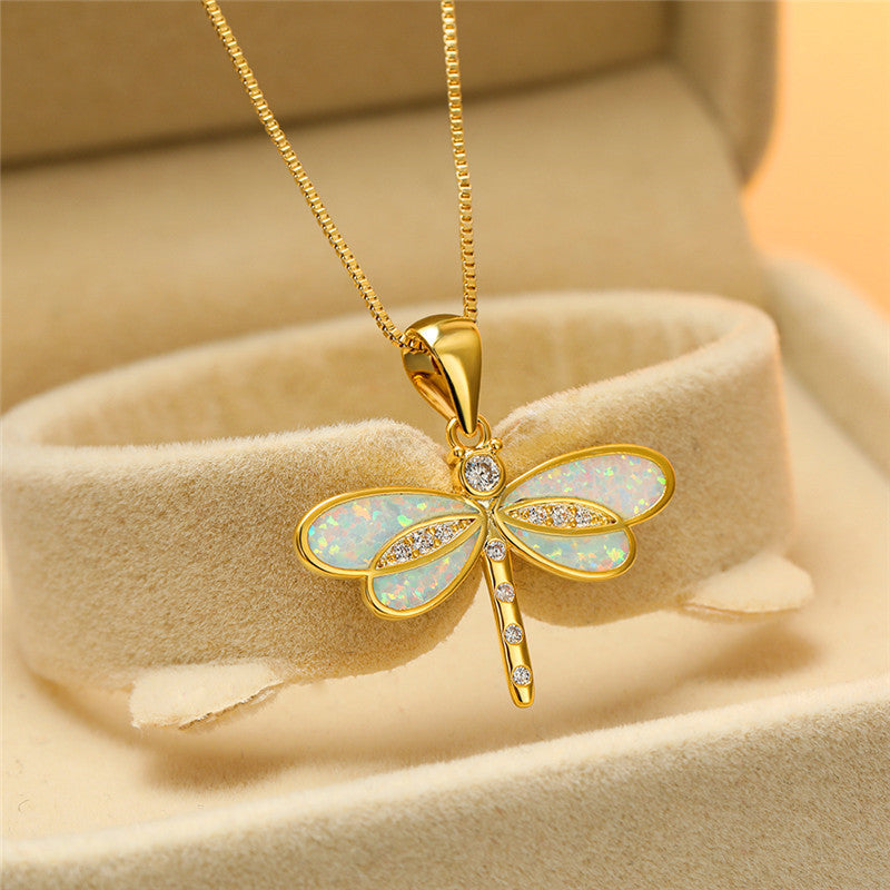 Captivating Gold Dragonfly Necklace with Radiant Opal - Isolde Series
