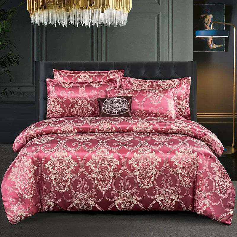 Luxurious Satin Rayon Jacquard Duvet Cover in Gold & Blue