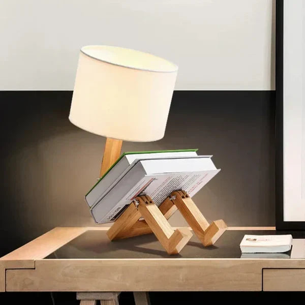 RutanFlex – Elegant Wooden Table Lamp with Bookshelf