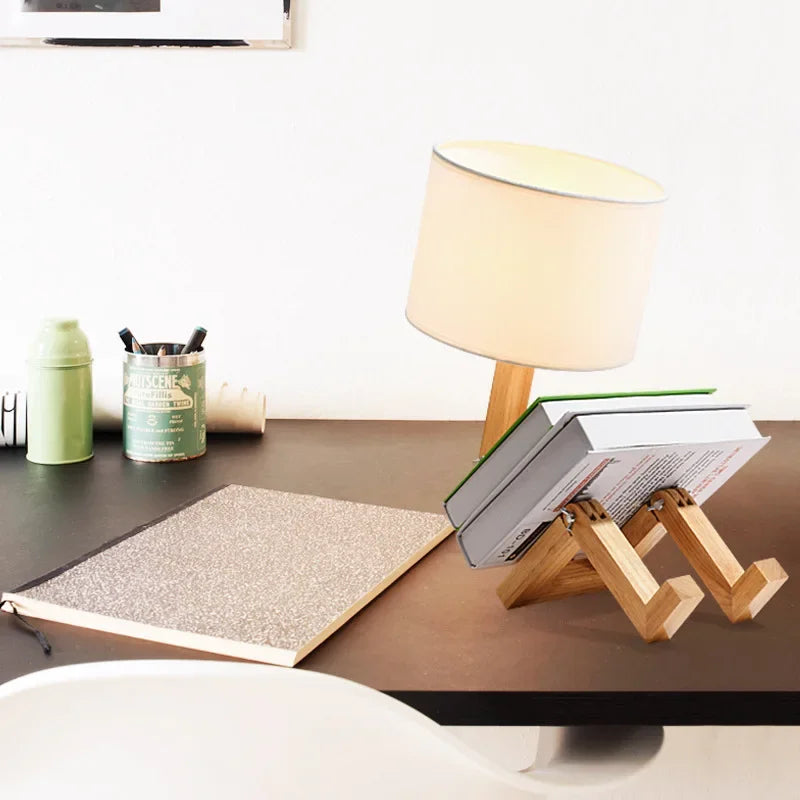 RutanFlex – Elegant Wooden Table Lamp with Bookshelf
