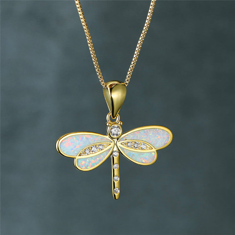 Captivating Gold Dragonfly Necklace with Radiant Opal - Isolde Series