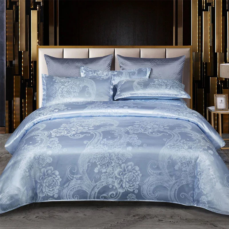 Luxurious Satin Rayon Jacquard Duvet Cover in Gold & Blue