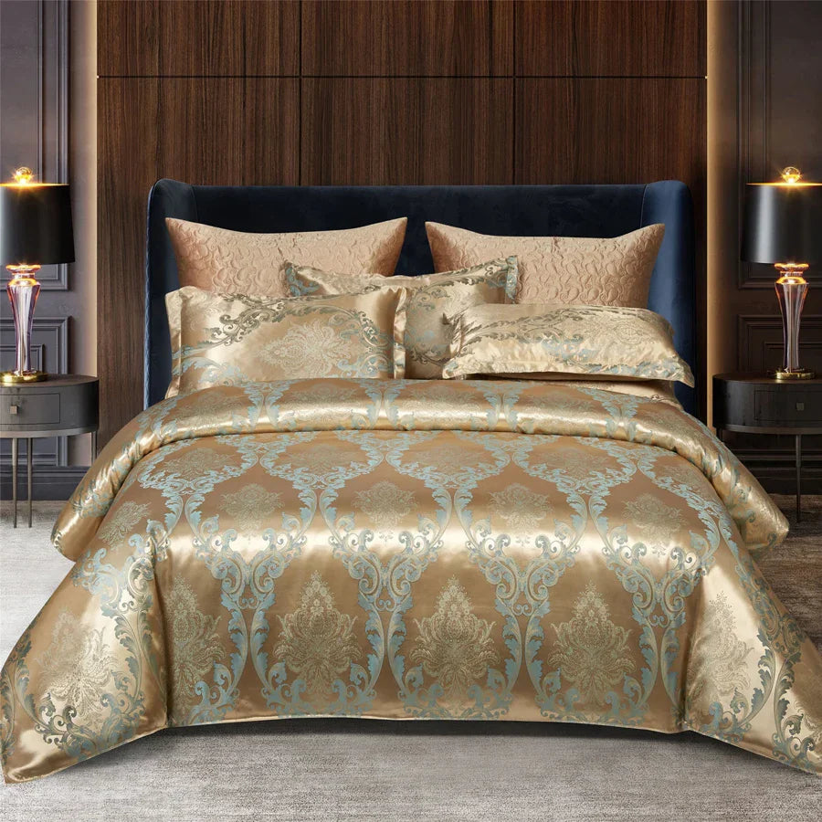 Luxurious Satin Rayon Jacquard Duvet Cover in Gold & Blue
