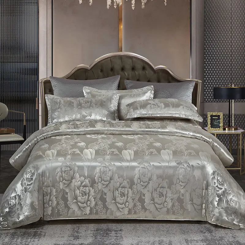 Luxurious Satin Rayon Jacquard Duvet Cover in Gold & Blue