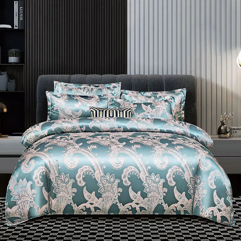 Luxurious Satin Rayon Jacquard Duvet Cover in Gold & Blue