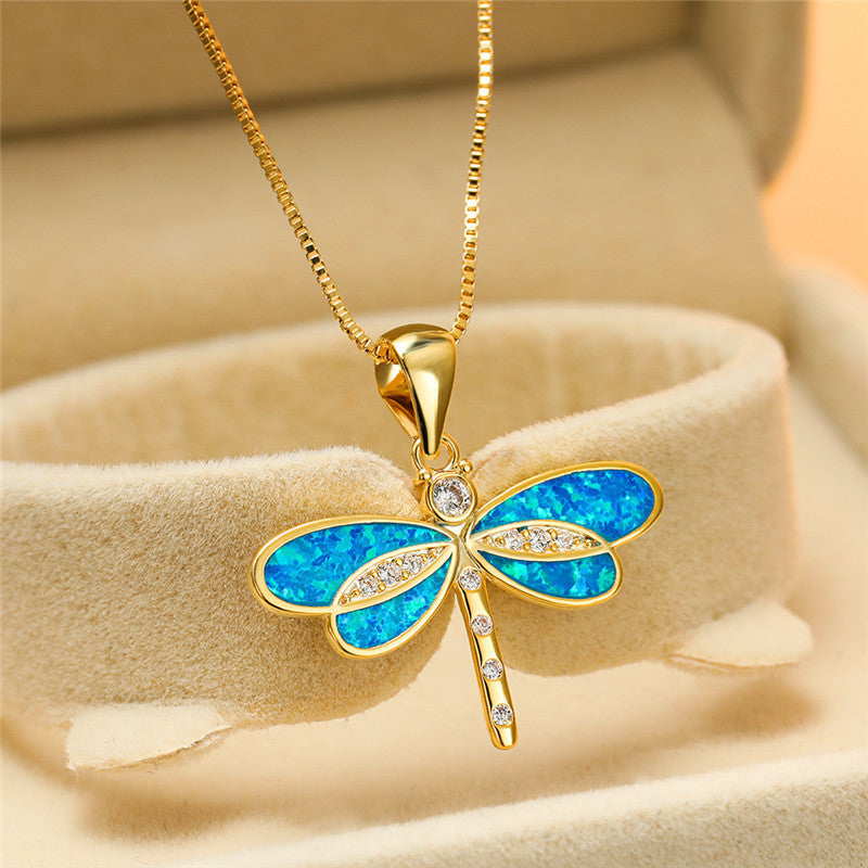 Captivating Gold Dragonfly Necklace with Radiant Opal - Isolde Series