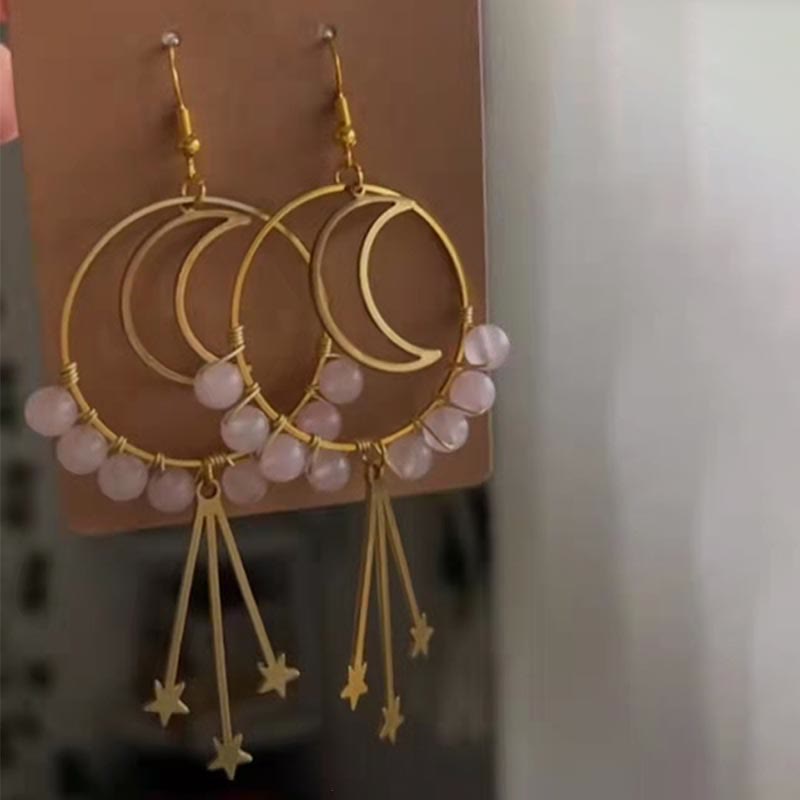 Captivating Natural Crystal Earrings with Moon and Stars - Elara