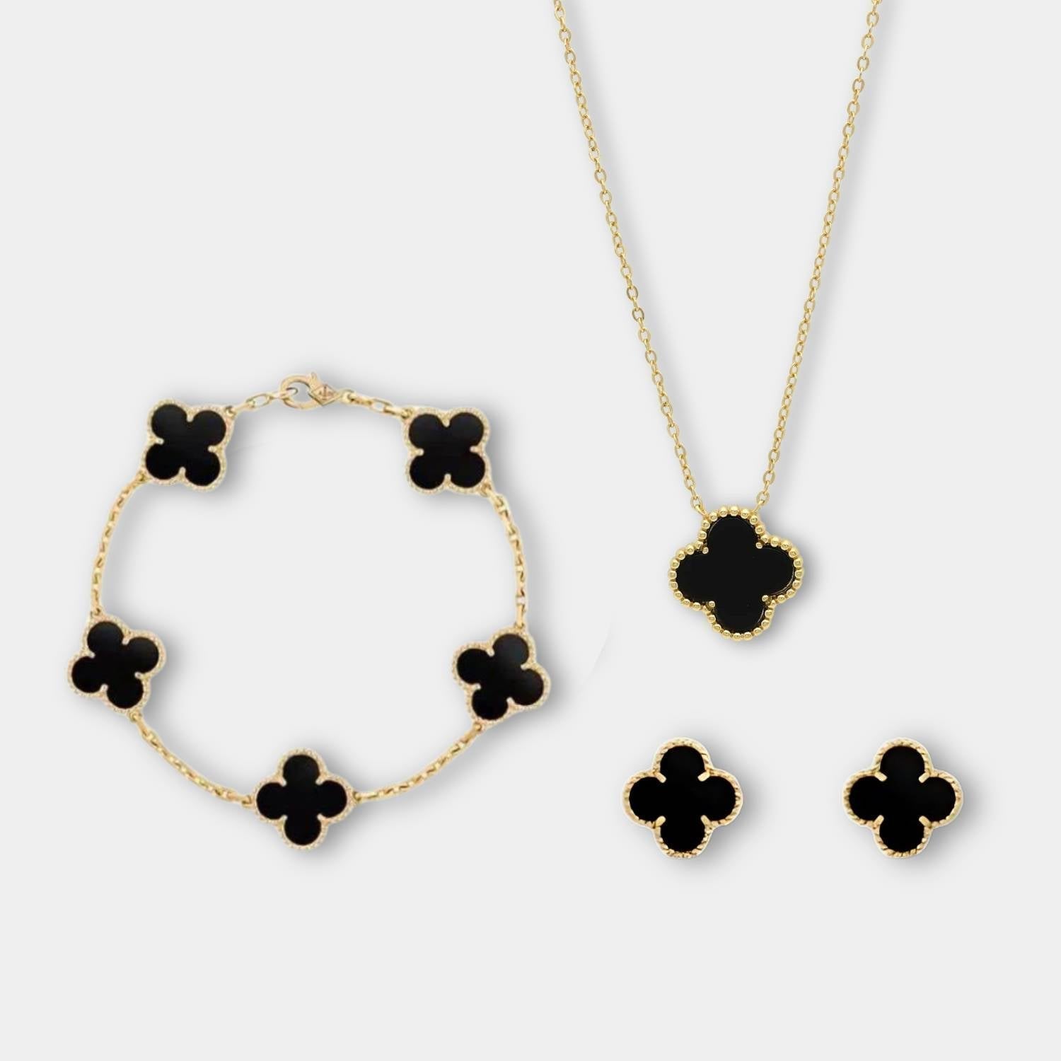 Golden Clover Jewelry Set – Necklace, Bracelet & Earrings