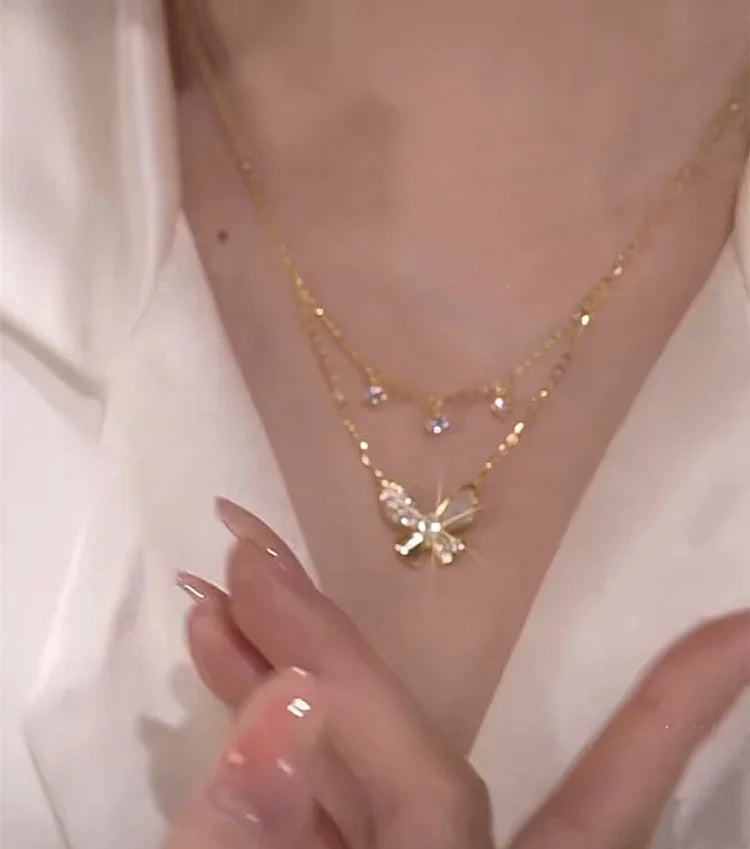 Very Elegant Double Gold Butterfly Necklace with Zirconia and Mother of Pearl - Elayna