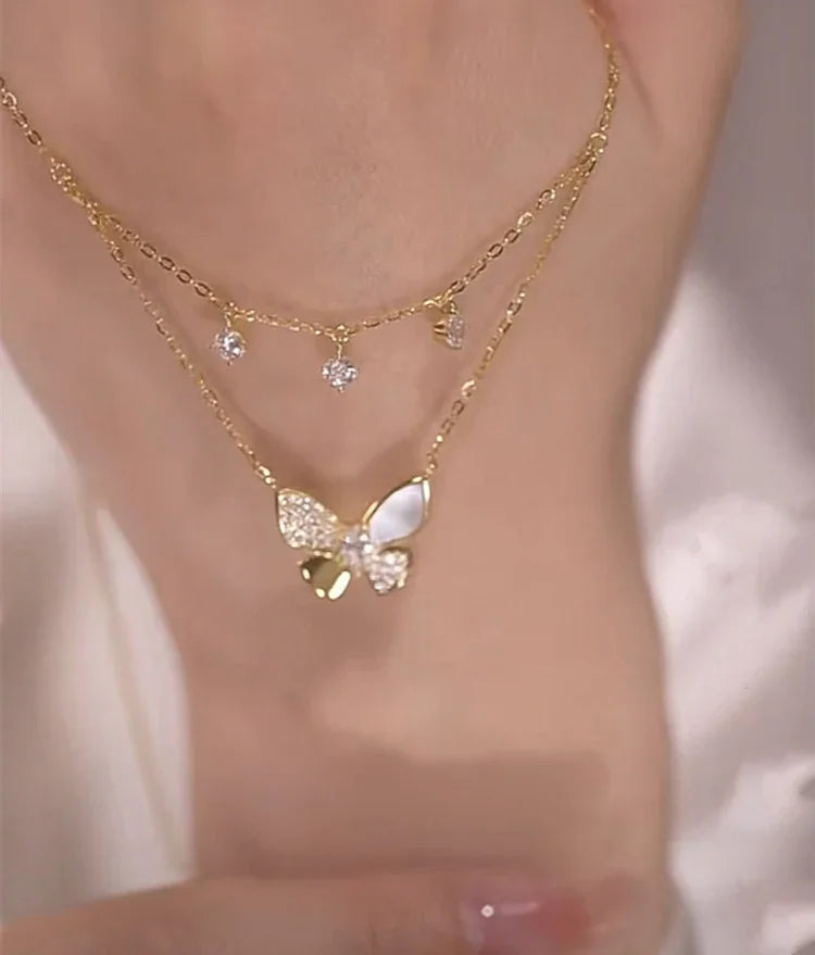 Very Elegant Double Gold Butterfly Necklace with Zirconia and Mother of Pearl - Elayna