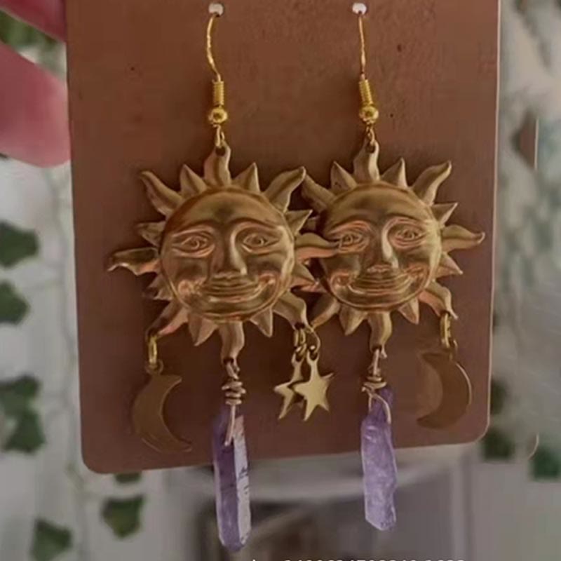 Captivating Natural Crystal Earrings with Moon and Stars - Elara