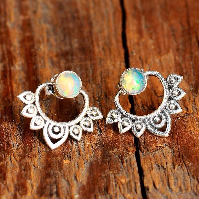 Elegant Sophia Earrings in Natural Opal in Lotus Style