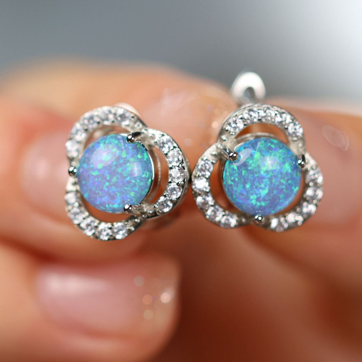 Elegant White Opal & Zirconia Cloverleaf Earrings - Elara Collection