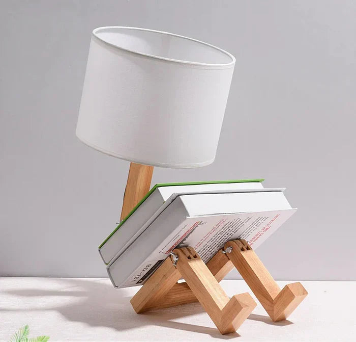 RutanFlex – Elegant Wooden Table Lamp with Bookshelf