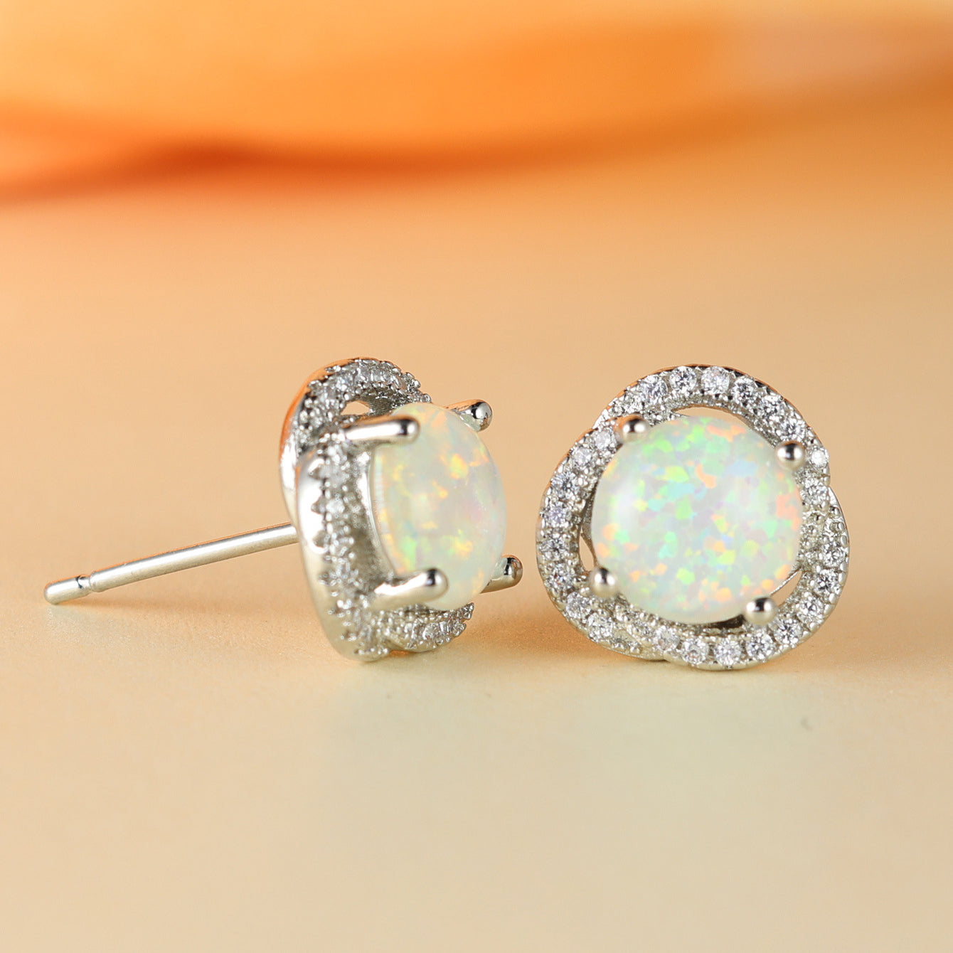 Elegant White Opal & Zirconia Cloverleaf Earrings - Elara Collection