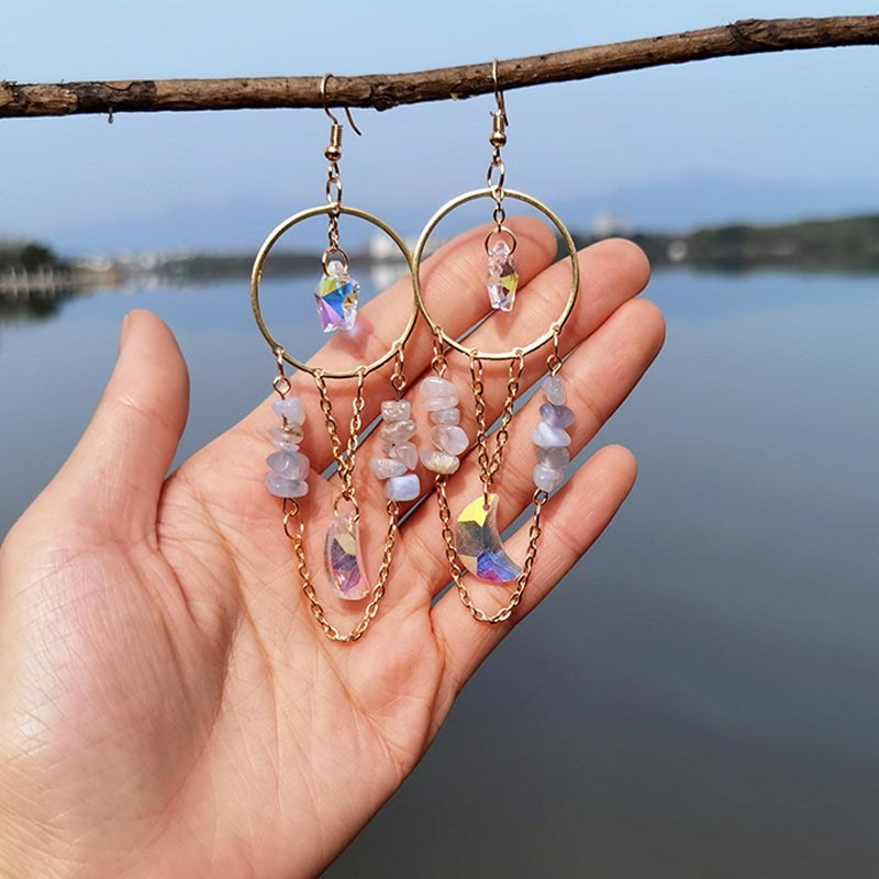 Captivating Natural Crystal Earrings with Moon and Stars - Elara
