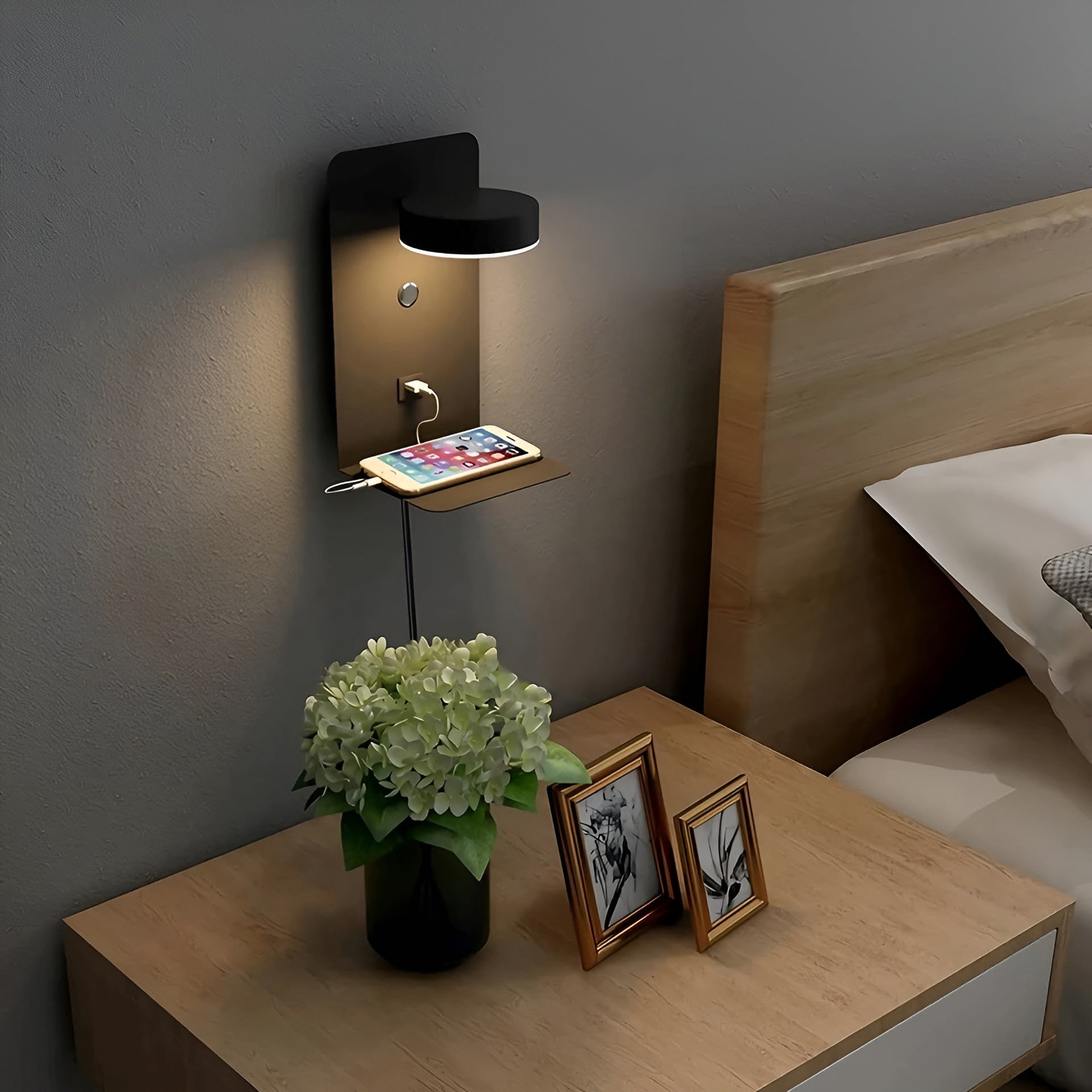 ChargeBright Luxury LED Wall Lamp with USB Charging Port - Modern Black-White Design