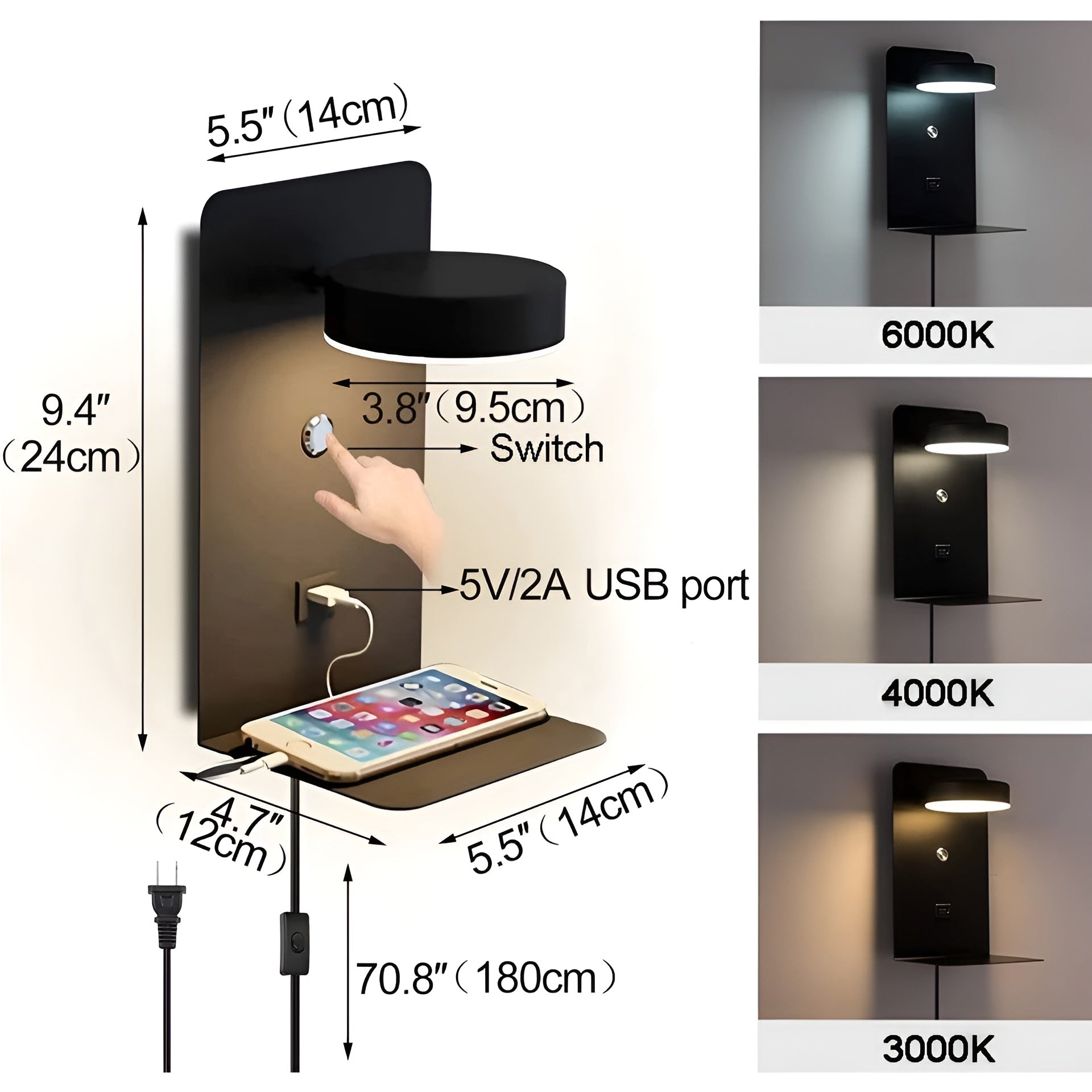 ChargeBright Luxury LED Wall Lamp with USB Charging Port - Modern Black-White Design