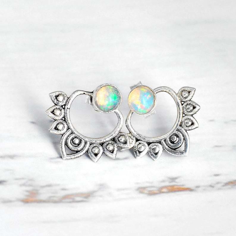 Elegant Sophia Earrings in Natural Opal in Lotus Style