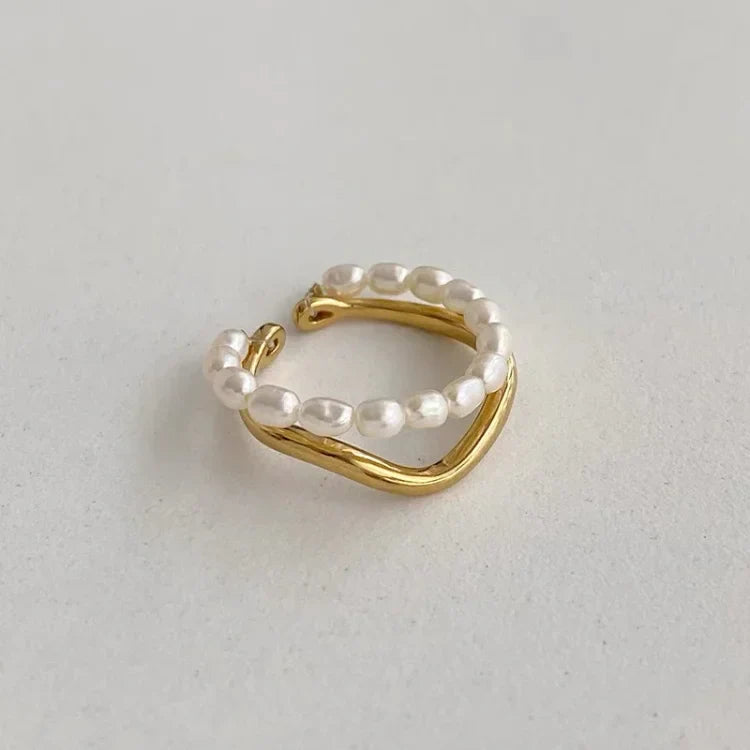 Elegant double layer gold ring with radiant freshwater pearl - Ivy