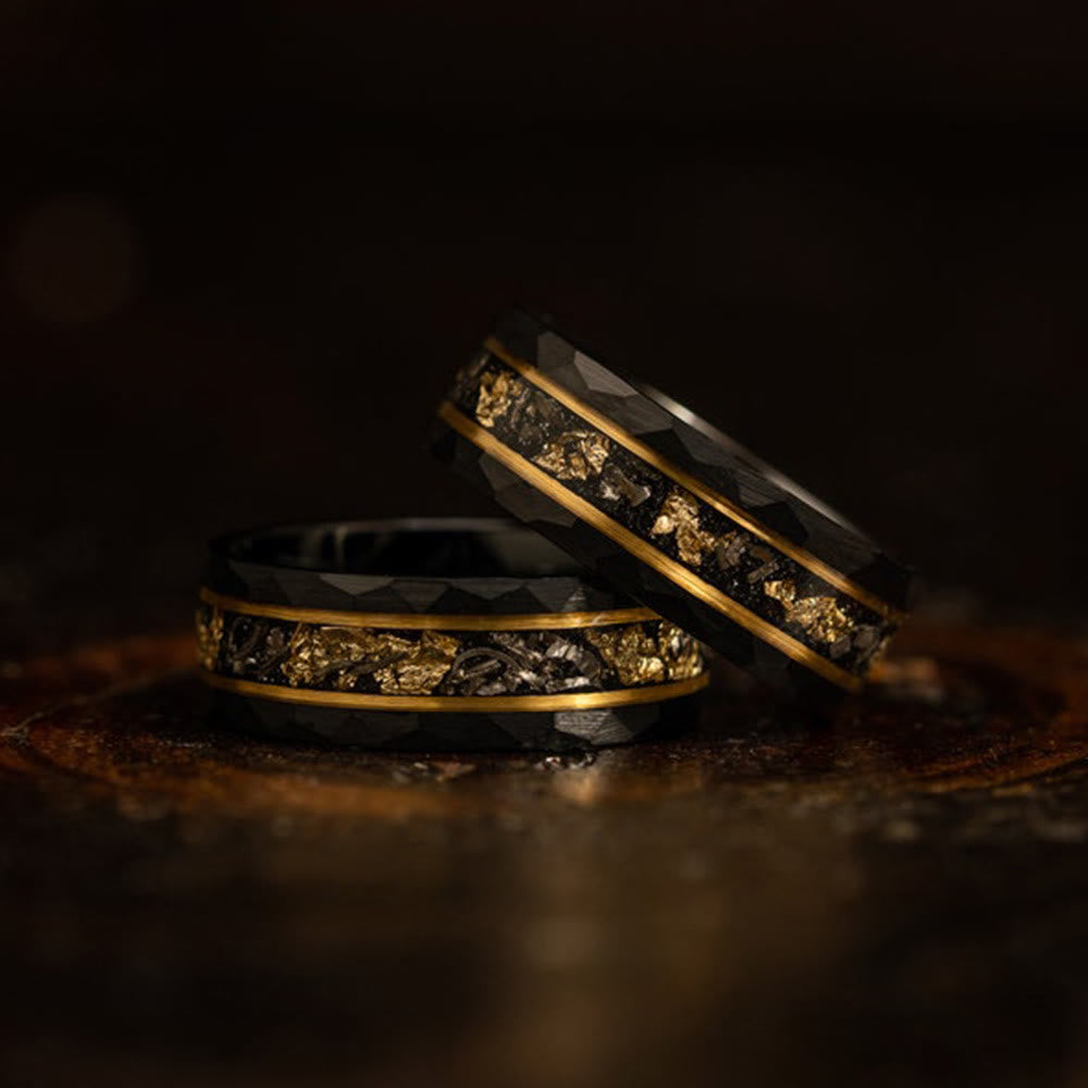 Elegant Orion Ring in Black Meteorite with Luxurious Gold Leaf Details