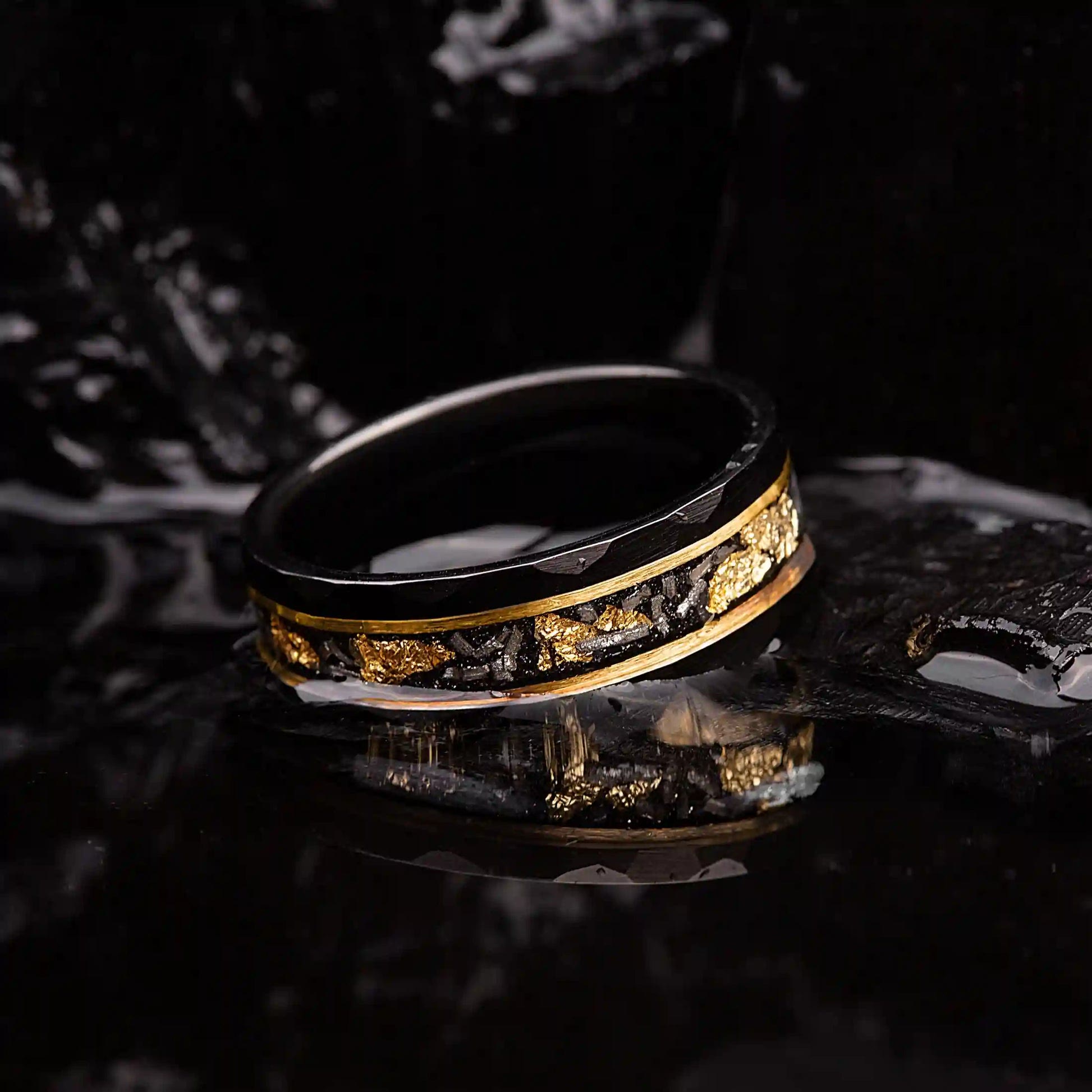 Elegant Orion Ring in Black Meteorite with Luxurious Gold Leaf Details