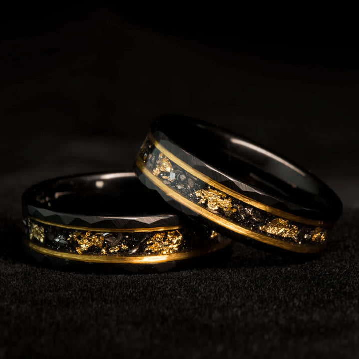 Elegant Orion Ring in Black Meteorite with Luxurious Gold Leaf Details