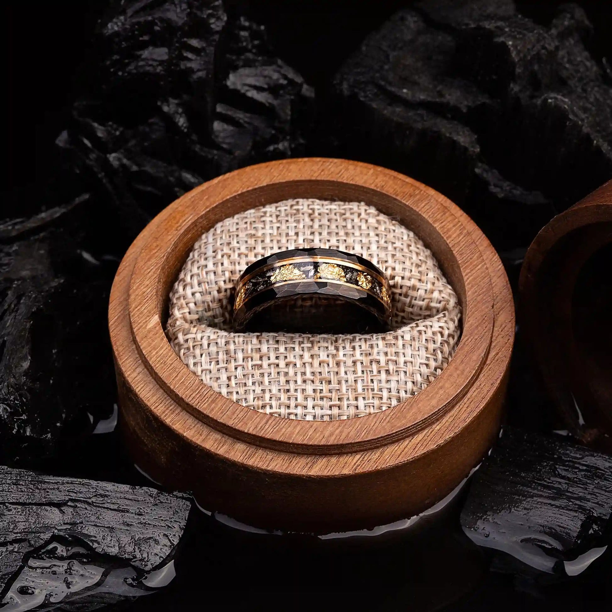 Elegant Orion Ring in Black Meteorite with Luxurious Gold Leaf Details