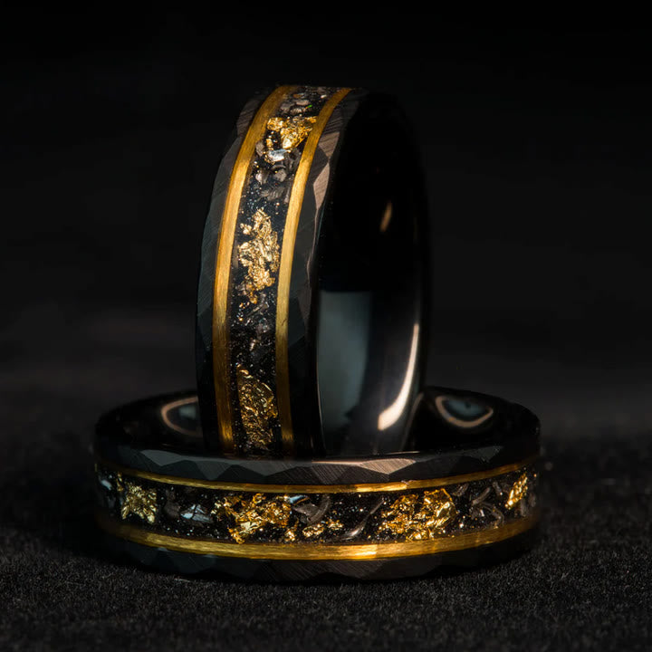 Elegant Orion Ring in Black Meteorite with Luxurious Gold Leaf Details