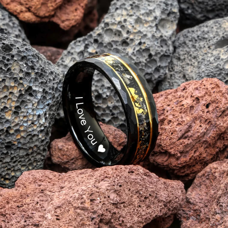 Elegant Orion Ring in Black Meteorite with Luxurious Gold Leaf Details