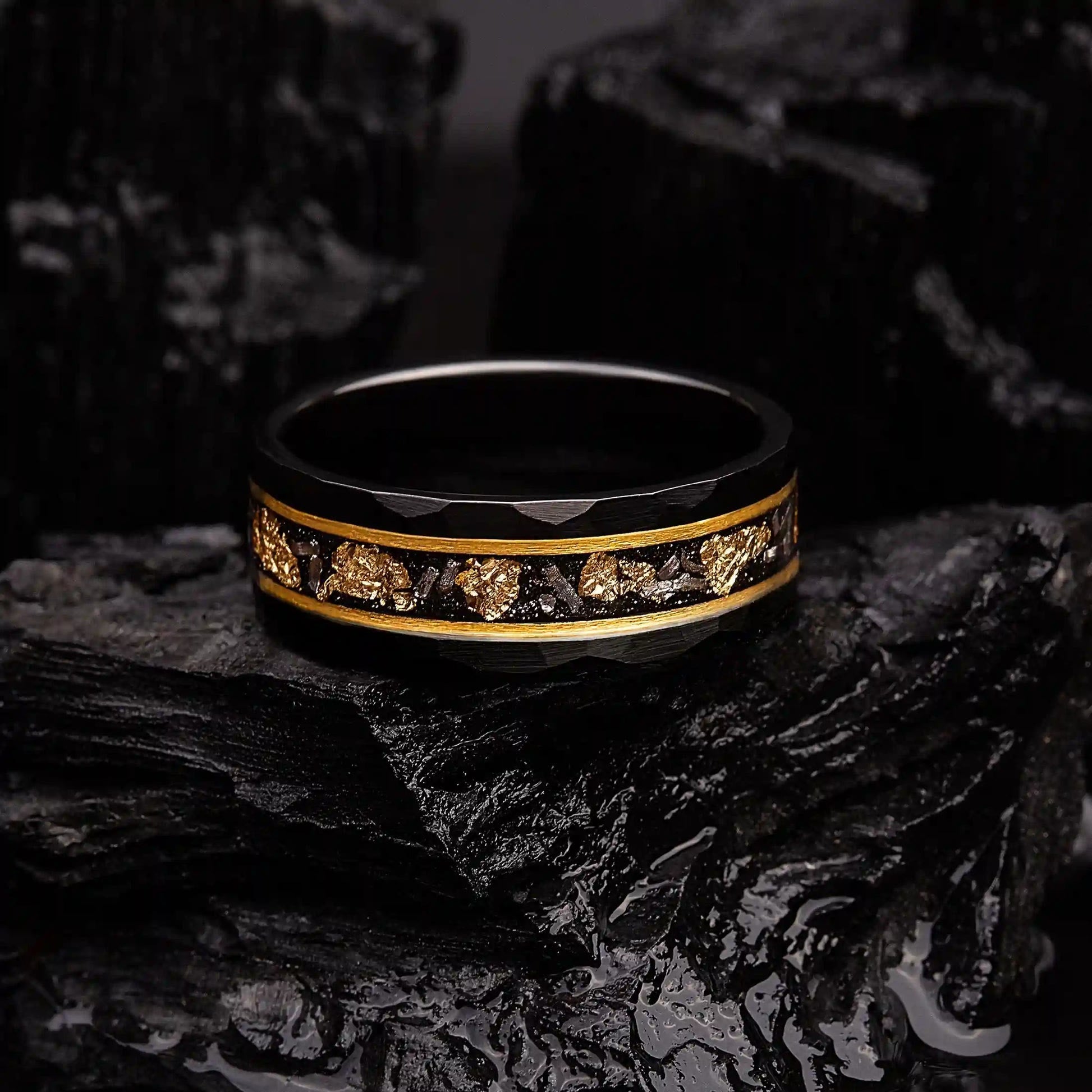 Elegant Orion Ring in Black Meteorite with Luxurious Gold Leaf Details