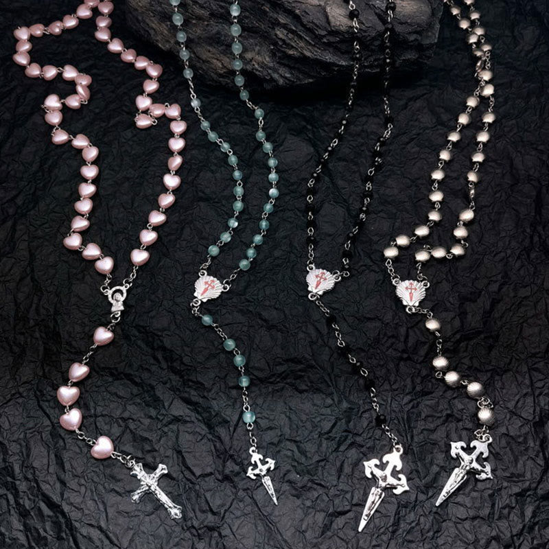 Elara Heart-Shaped Cat's Eye Rosary Necklace - Unique Elegance for Your Style