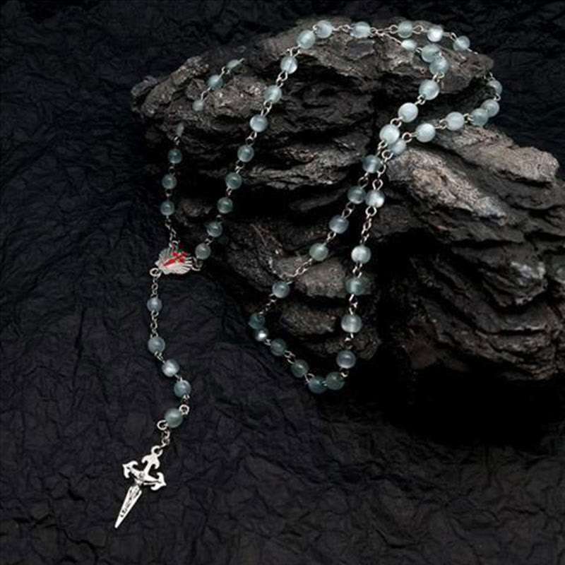 Elara Heart-Shaped Cat's Eye Rosary Necklace - Unique Elegance for Your Style