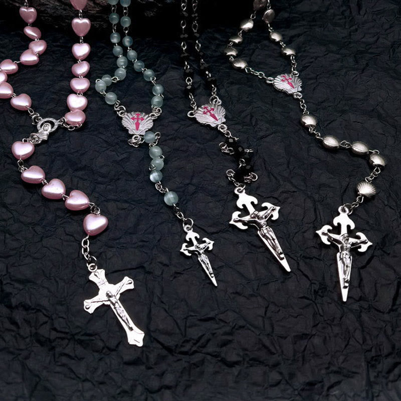 Elara Heart-Shaped Cat's Eye Rosary Necklace - Unique Elegance for Your Style