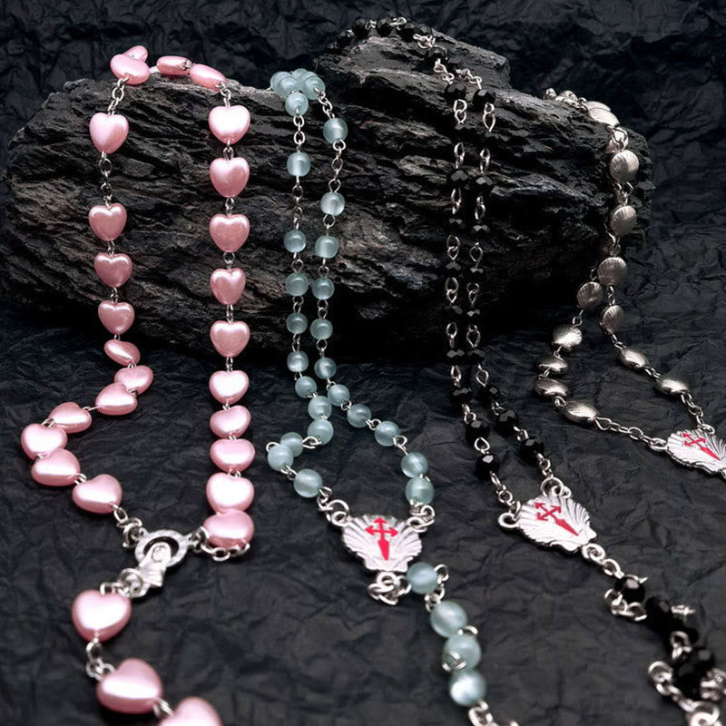 Elara Heart-Shaped Cat's Eye Rosary Necklace - Unique Elegance for Your Style